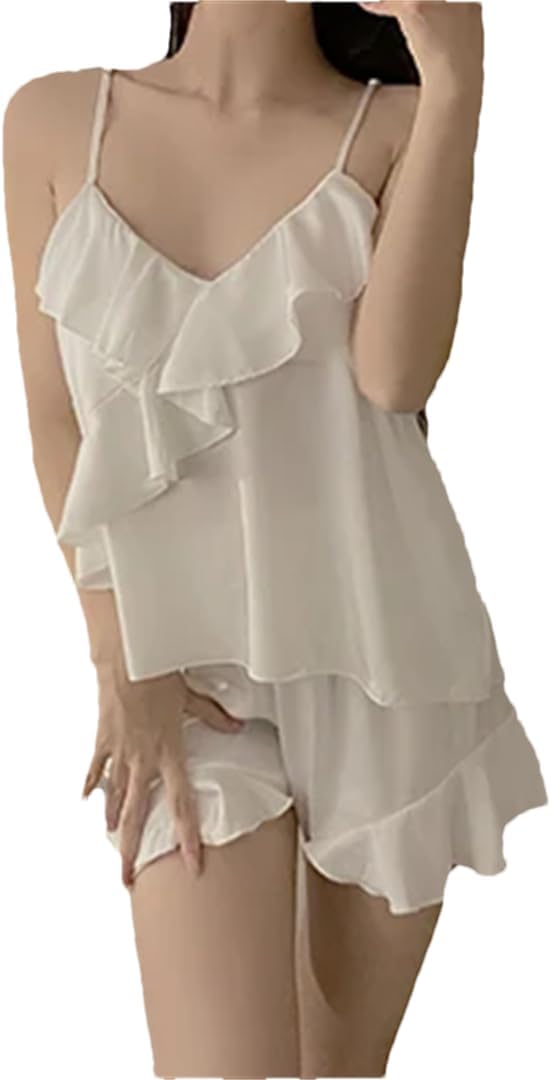 Women's Solid Color Pajama Set Ruffled Nightdress Suspender Top And Shorts Loose Home Clothes
