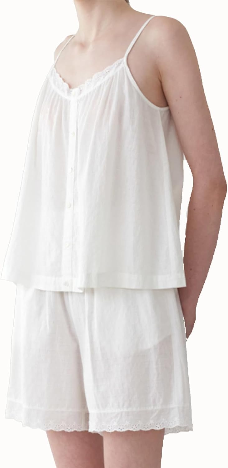 Women's Spring And Summer 100% Cotton Pajama Suspender Shorts Set Retro Home