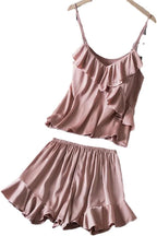 Women's Solid Color Pajama Set Ruffled Nightdress Suspender Top And Shorts Loose Home Clothes
