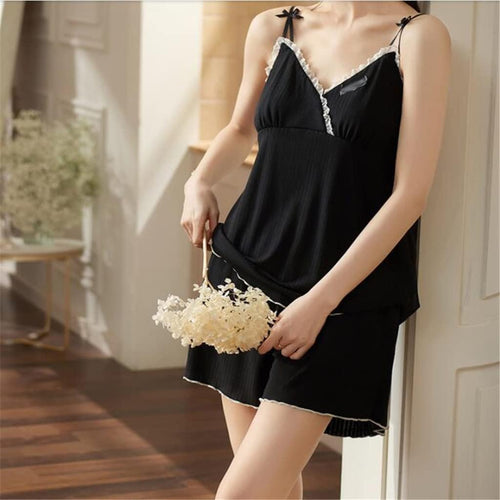 Black Wearable Home Clothes Modal Pajamas Women's Summer Small Sexy Suspenders Shorts (Color : A, Size : XXLcode)
