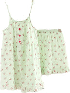 Womens Pajama Set Sleeveless - Summer Pajamas Two-Piece Ladies Suspenders + Shorts Set Cotton Gauze And Home