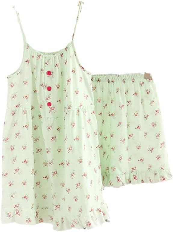 Womens Pajama Set Sleeveless - Summer Pajamas Two-Piece Ladies Suspenders + Shorts Set Cotton Gauze And Home