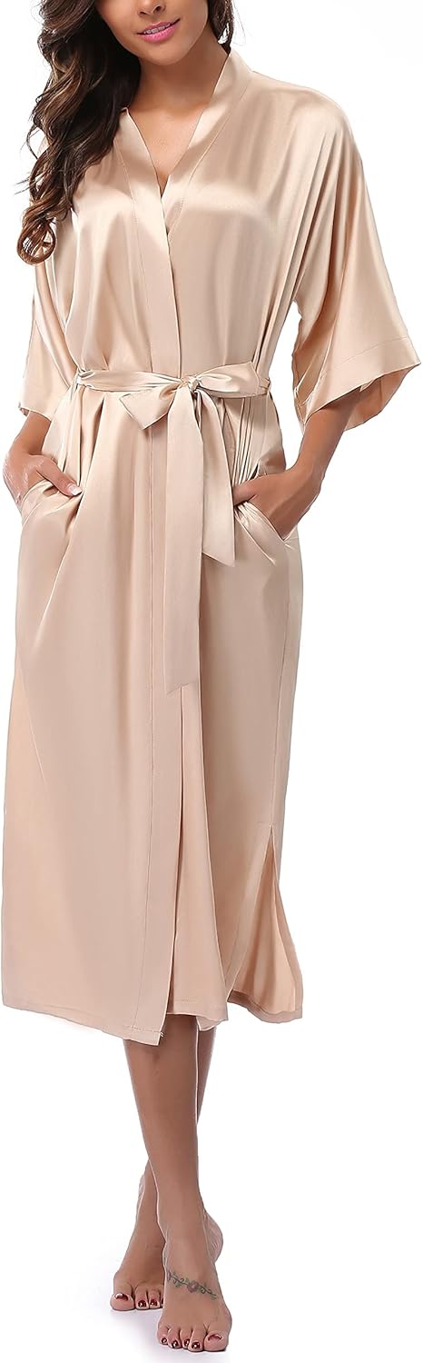 Women Kimono Long Robe Lightweight Bathrobe Soft Nightwear Comfy Nightgown