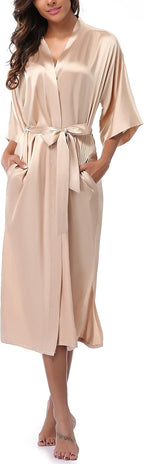 Women Kimono Long Robe Lightweight Bathrobe Soft Nightwear Comfy Nightgown