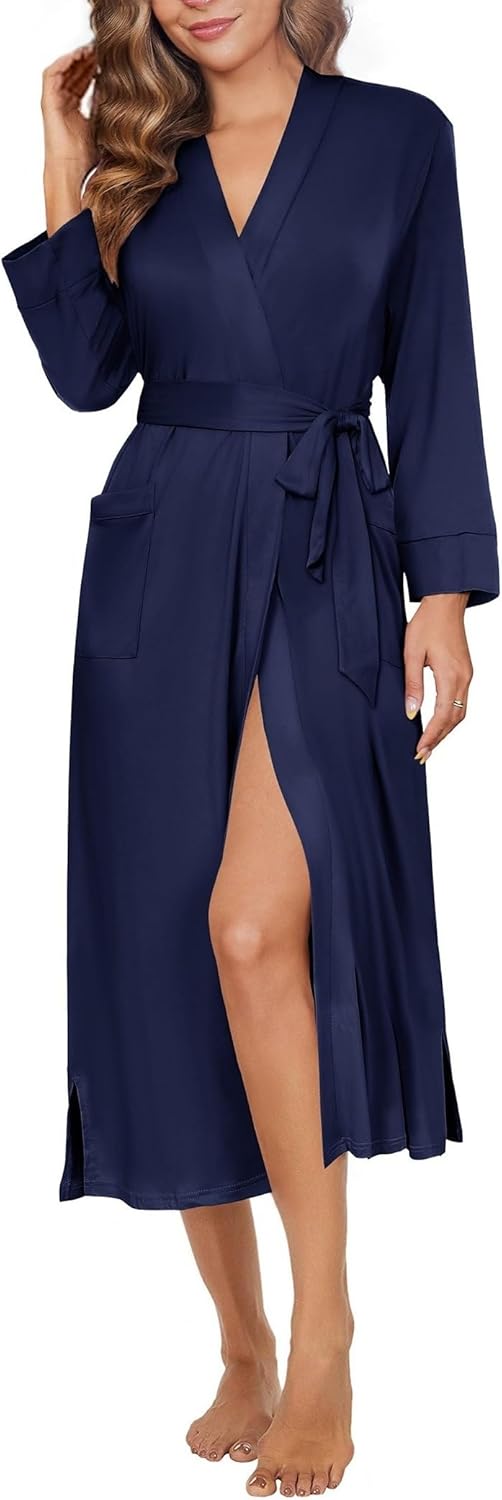 Womens Robe Long Knit Kimono Bathrobe Lightweight Sleepwear Soft Ladies Loungewear with Pockets, S-XXL
