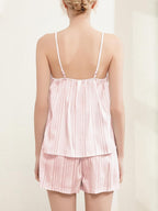 Women's Pajama-Sets – V-neck Lace Collar Camisole Backless Tank Top and Elastic Waisted Shorts With Pockets