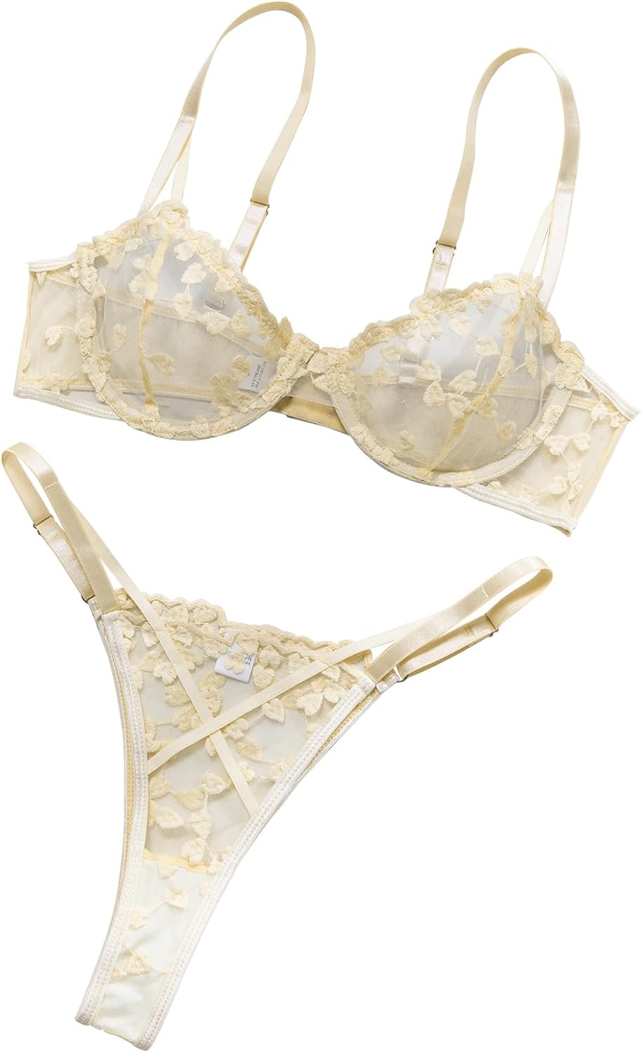 Sexy Underwire Cute Push Up Strappy Embroidered Mesh Sheer Lingerie Set See Through Panty Bra