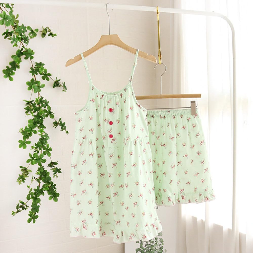 Womens Pajama Set Sleeveless - Summer Pajamas Two-Piece Ladies Suspenders + Shorts Set Cotton Gauze And Home