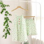 Womens Pajama Set Sleeveless - Summer Pajamas Two-Piece Ladies Suspenders + Shorts Set Cotton Gauze And Home