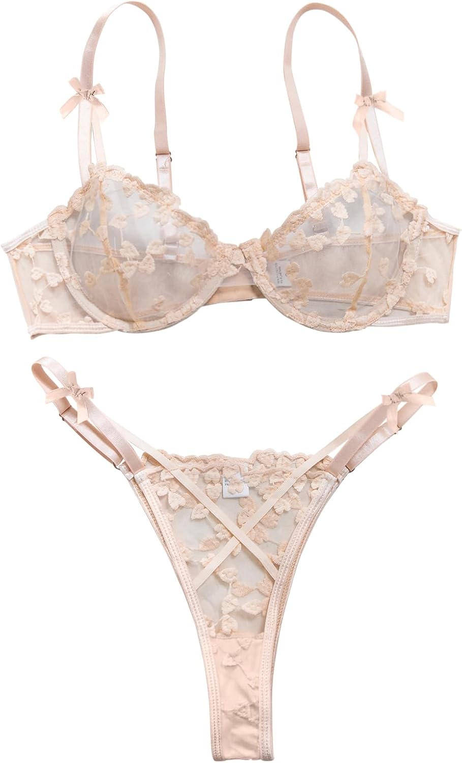 Sexy Underwire Cute Push Up Strappy Embroidered Mesh Sheer Lingerie Set See Through Panty Bra