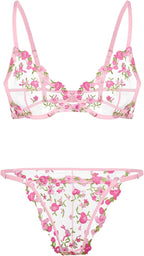 Sexy Floral Embroidered Mesh Sheer Underwire Lingerie Set