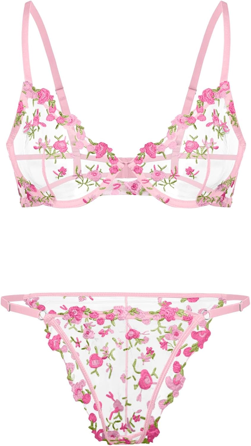 Sexy Floral Embroidered Mesh Sheer Underwire Lingerie Set
