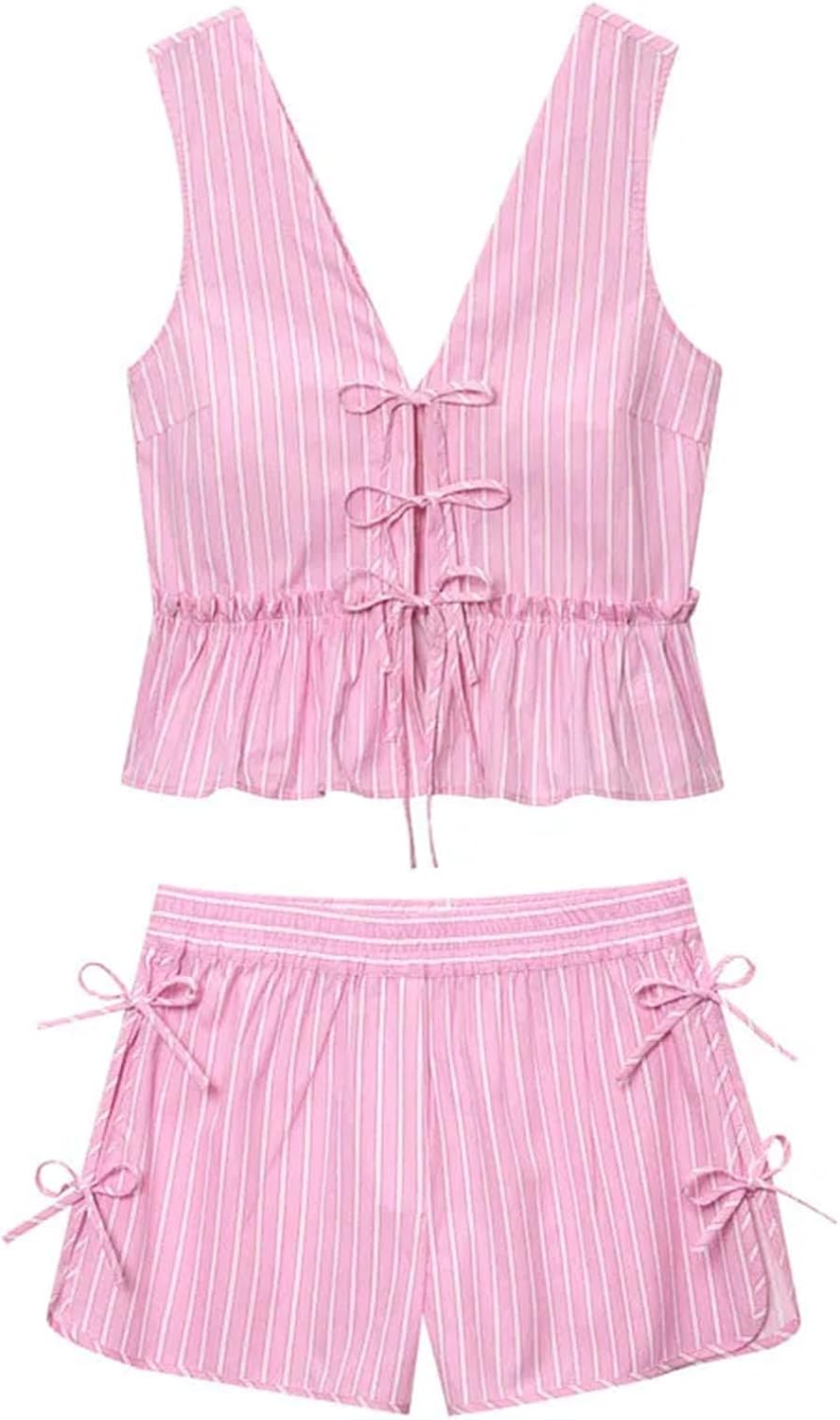 Women's Bow Suspender Set - Striped Vest with High-Waist Shorts for Summer Suits