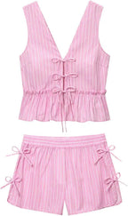 Women's Bow Suspender Set - Striped Vest with High-Waist Shorts for Summer Suits