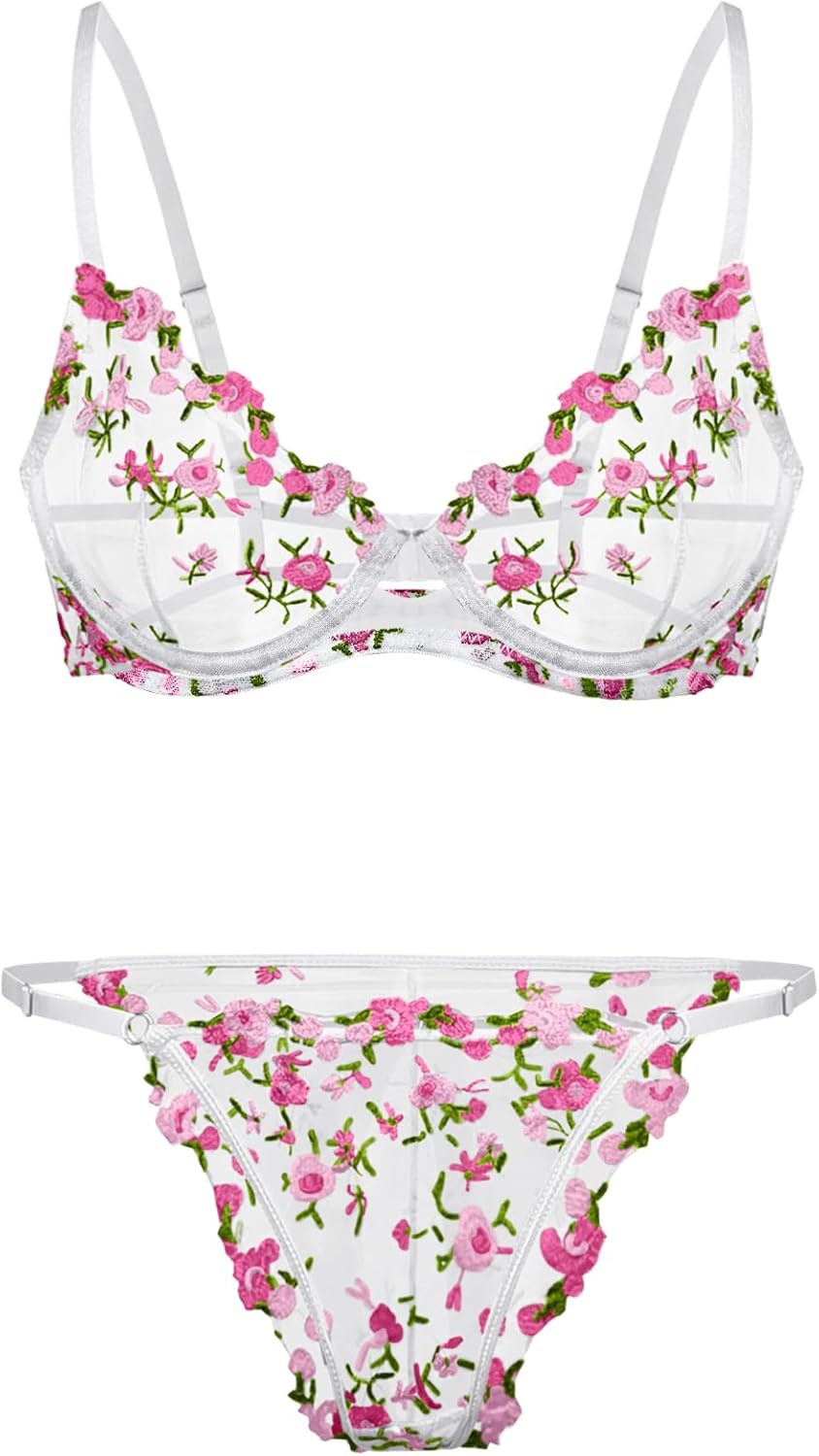Sexy Floral Embroidered Mesh Sheer Underwire Lingerie Set