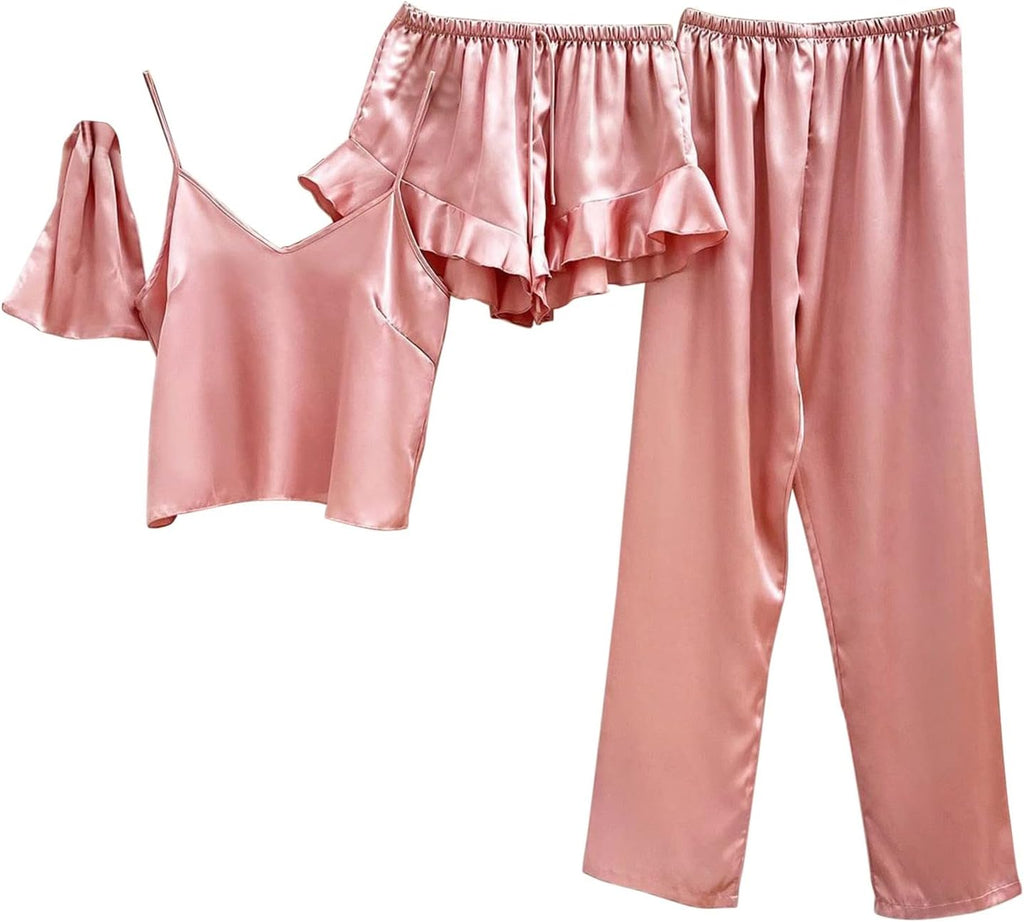 4-Piece Set Satin Pajamas Solid Color Suspender Trousers Shorts Sleepwear Light Comfortable Loungewear for Women