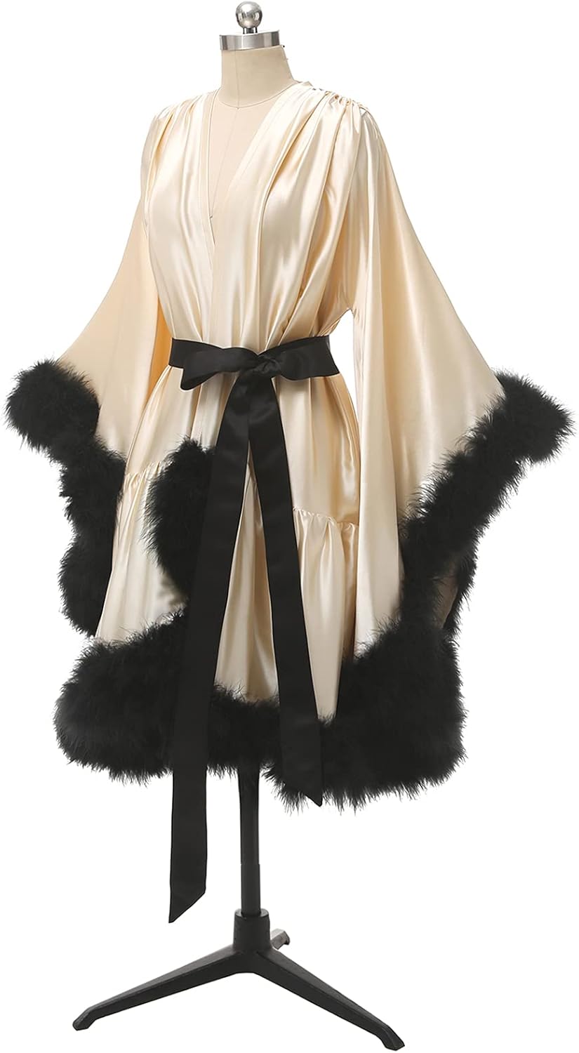Women's Feather Robe Silk Satin Bridal Dressing Gowns Short Nightgown Bathrobe Sleepwear Maternity Photoshoot Robe