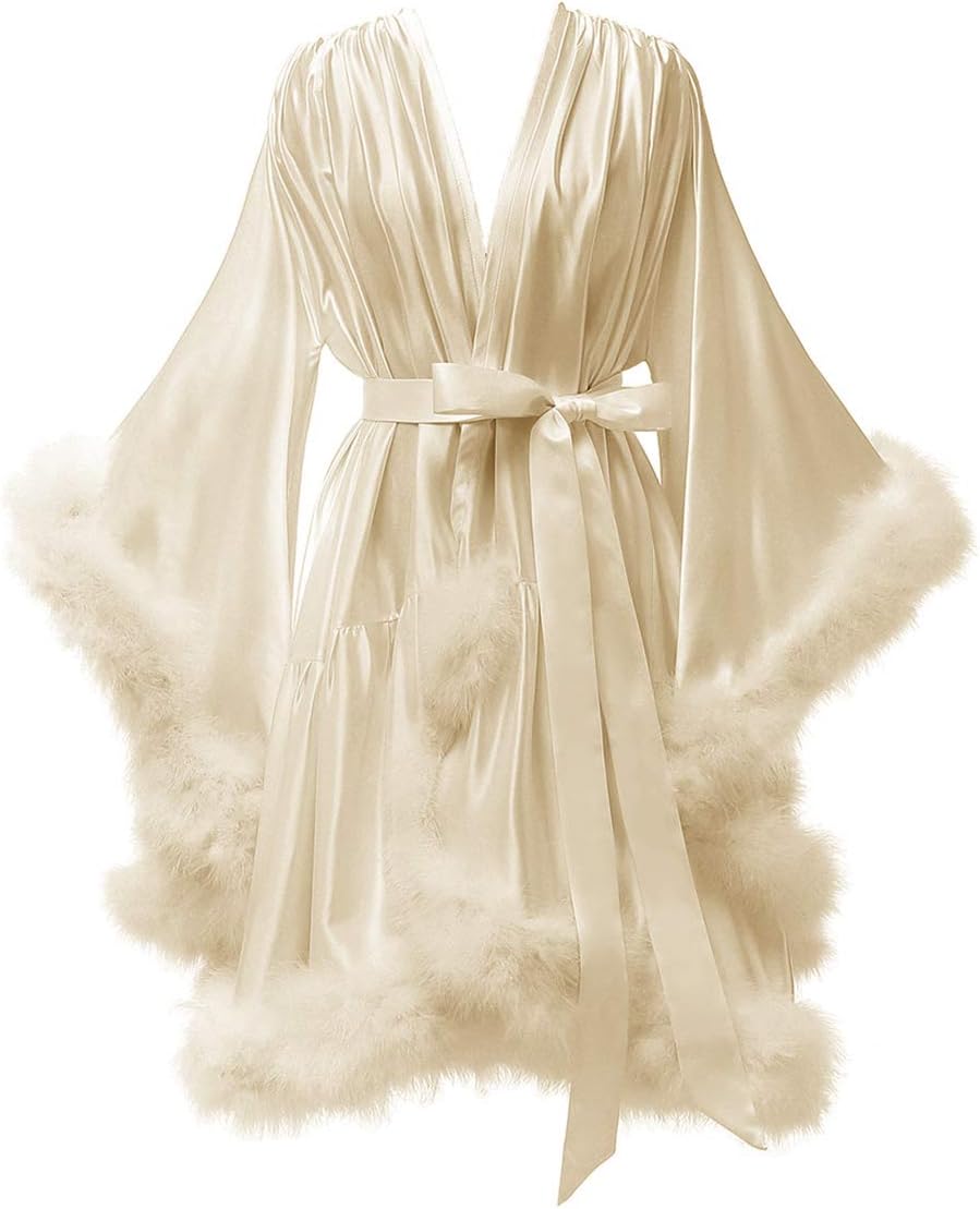Women's Feather Robe Silk Satin Bridal Dressing Gowns Short Nightgown Bathrobe Sleepwear Maternity Photoshoot Robe