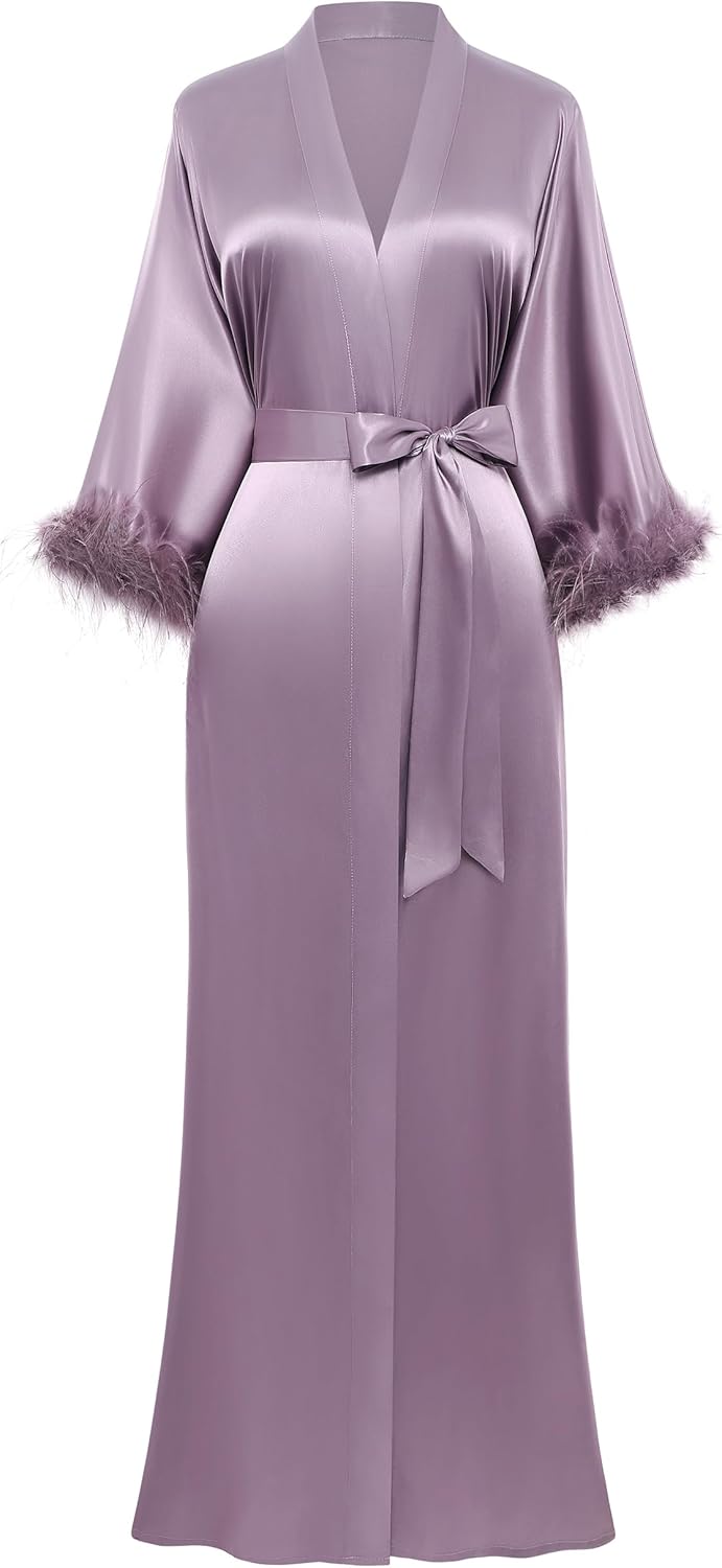 Satin Kimono Robe Long Silky Bathrobe with Ostrich Feather Trim Sleepwear Wedding Bridesmaid Dressing Gown