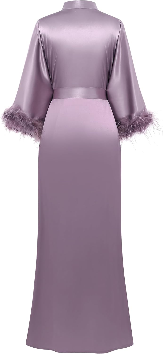 Satin Kimono Robe Long Silky Bathrobe with Ostrich Feather Trim Sleepwear Wedding Bridesmaid Dressing Gown