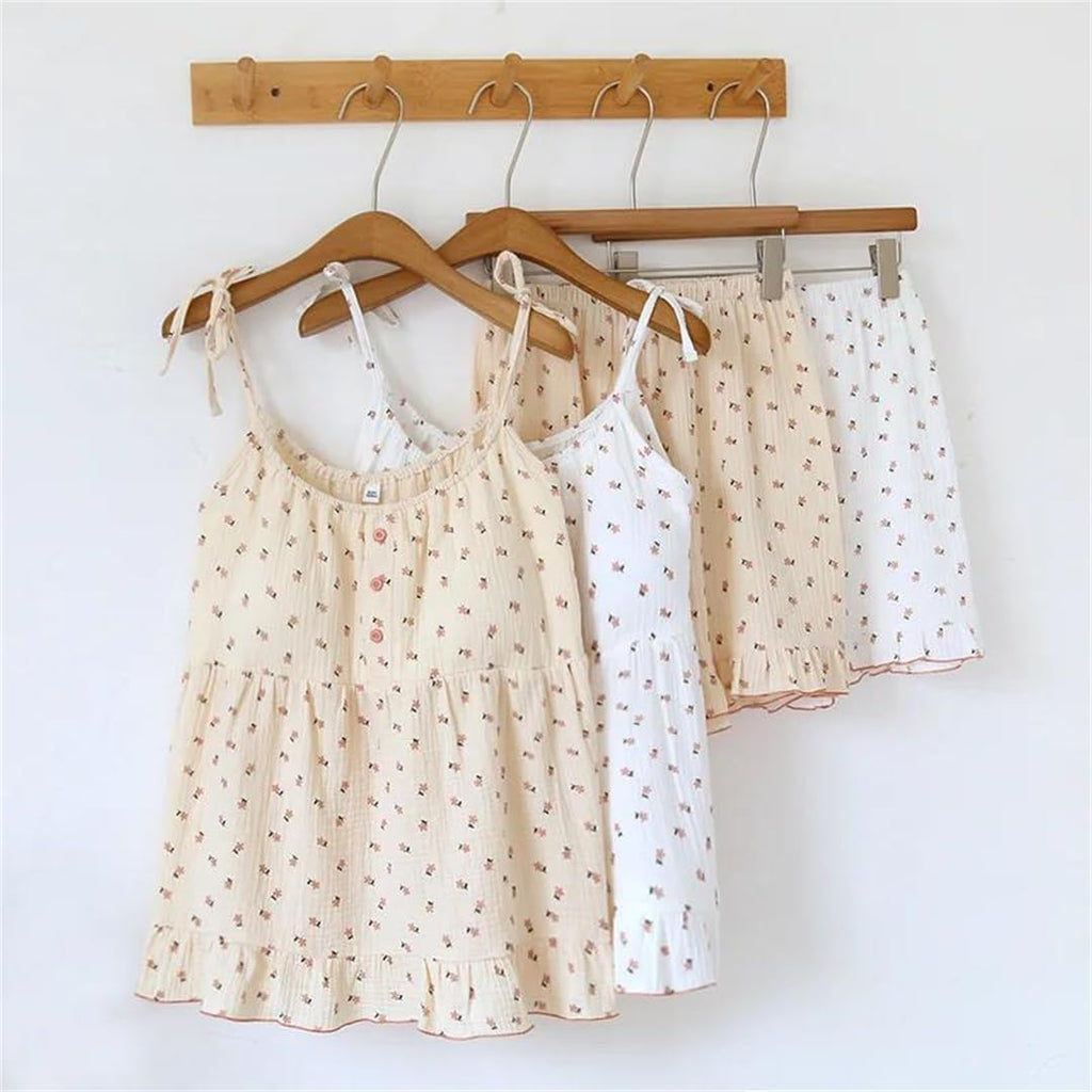 Women's Pajama Set Cotton Crepe Cloth Suspender Shorts Two Piece Home Furnishing Set