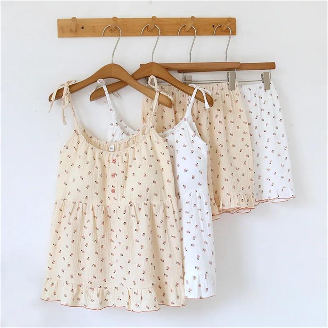Women's Pajama Set Cotton Crepe Cloth Suspender Shorts Two Piece Home Furnishing Set