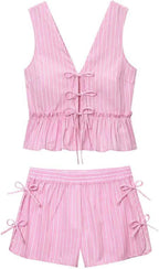 Women's Bow Suspender Set - Striped Vest with High-Waist Shorts for Summer Suits