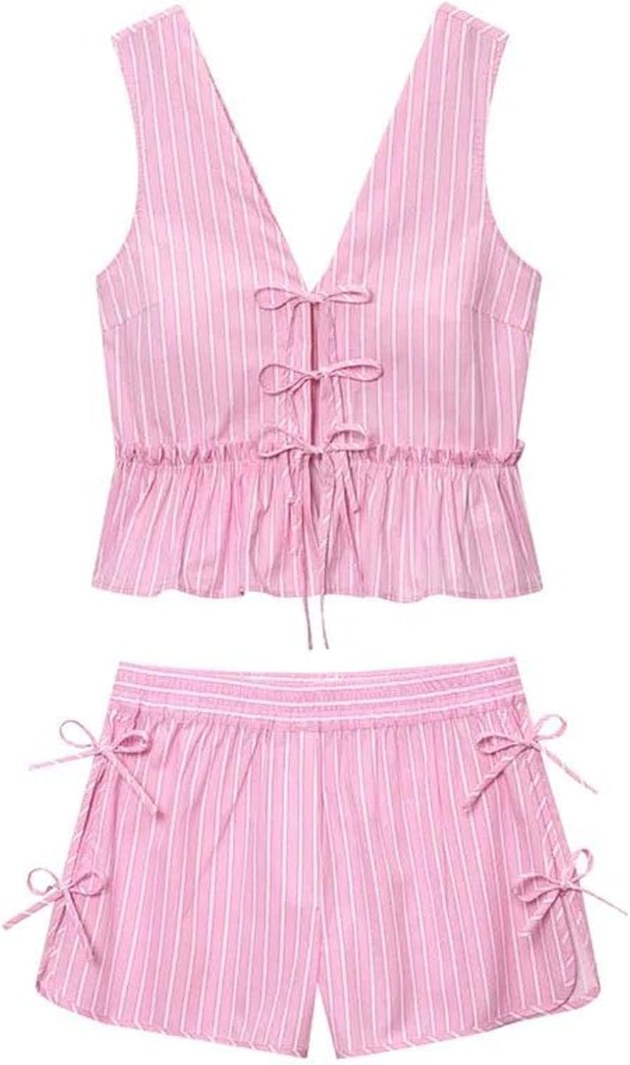 Women's Bow Suspender Set - Striped Vest with High-Waist Shorts for Summer Suits