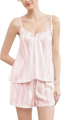 Women's Pajama-Sets – V-neck Lace Collar Camisole Backless Tank Top and Elastic Waisted Shorts With Pockets
