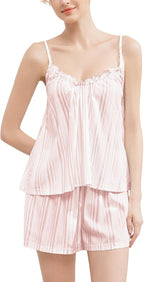 Women's Pajama-Sets – V-neck Lace Collar Camisole Backless Tank Top and Elastic Waisted Shorts With Pockets