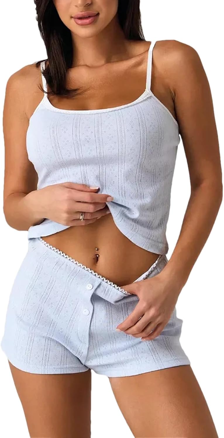 Women's Sexy Jacquard Cotton Pajama Set, Comfortable Suspenders Shorts for Casual Home Clothing