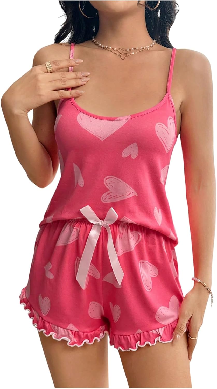 Women's 2 Piece Pajama Sets Heart Print Ruffle Trim Cami Shorts Set Nightwear