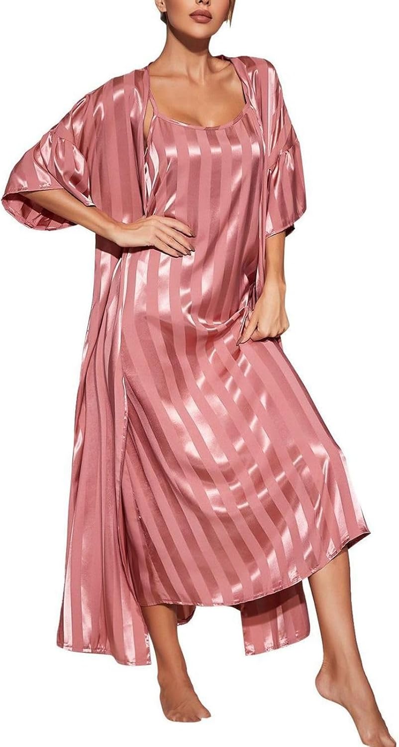 Generic Women's Nightgown Robe Set 2 Piece Striped Satin Long Nighties Bathrobe Soft Summer Sleepewar Silky Chemise Lingeries