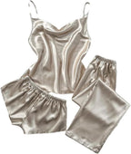 Women's Solid Color Suspenders 3-Piece Pajamas Set Casual Daily Loose Home Clothes Pajamas