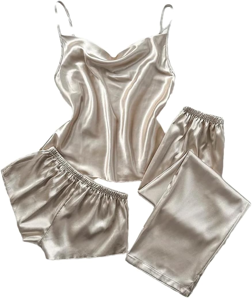 Women's Solid Color Suspenders 3-Piece Pajamas Set Casual Daily Loose Home Clothes Pajamas
