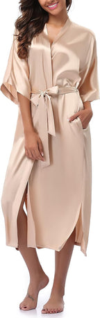 Women Kimono Long Robe Lightweight Bathrobe Soft Nightwear Comfy Nightgown