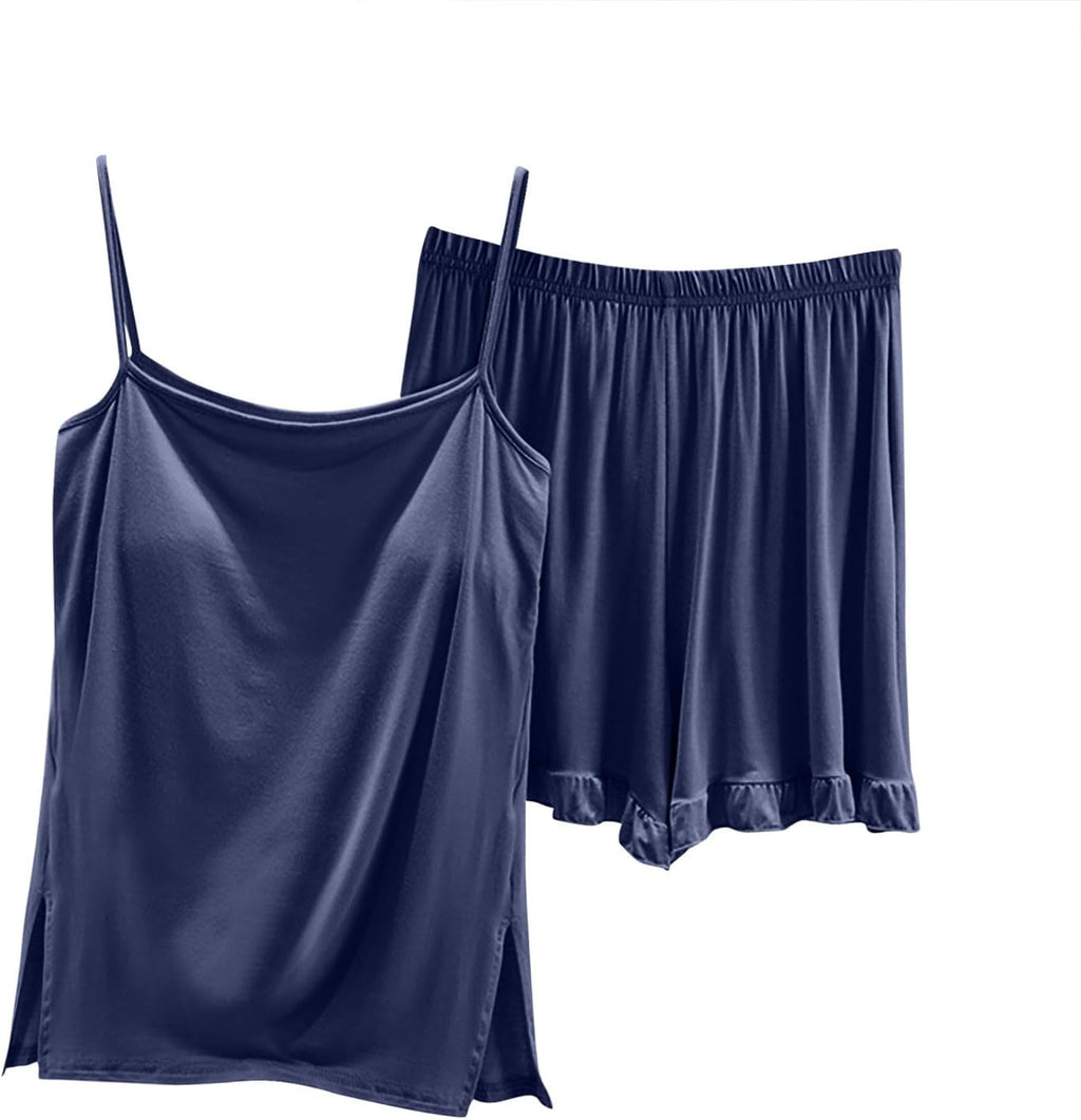 Suspender Short Home Suit for Women Fashion Loose Fit Lightweight Pajama Sets Elegant Casual Ruffle 2 Piece Pjs