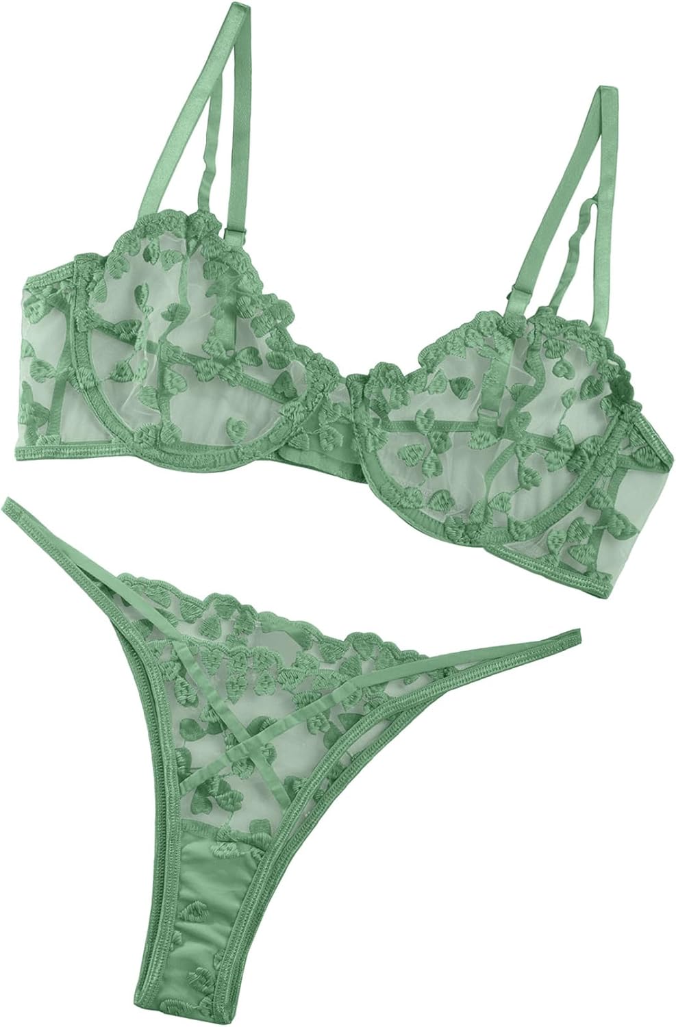 Sexy Underwire Cute Push Up Strappy Embroidered Mesh Sheer Lingerie Set See Through Panty Bra