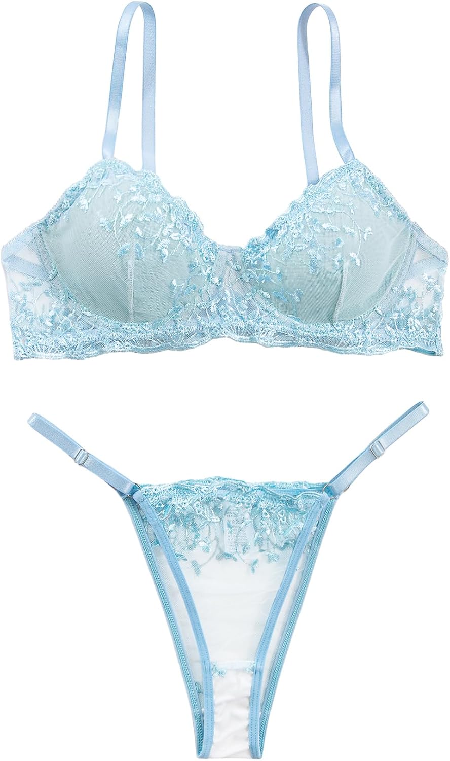 Sexy Floral Embroidered Mesh Women Underwire Push Up Lingerie Set