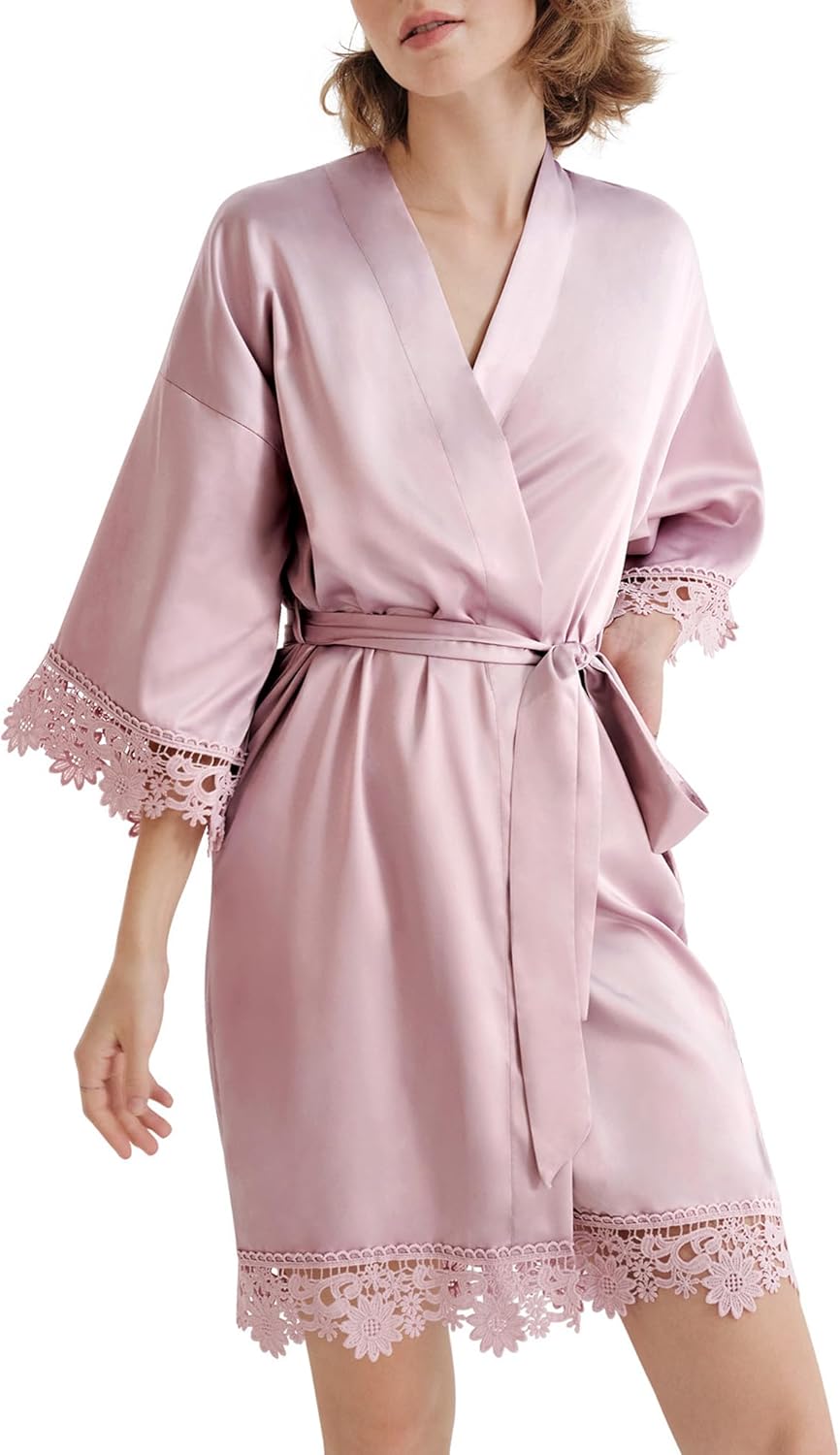 Women's Satin Robe Lace Silk Kimono Robes Short for Bridesmaid Wedding Party Nightgown Print 2 Medium