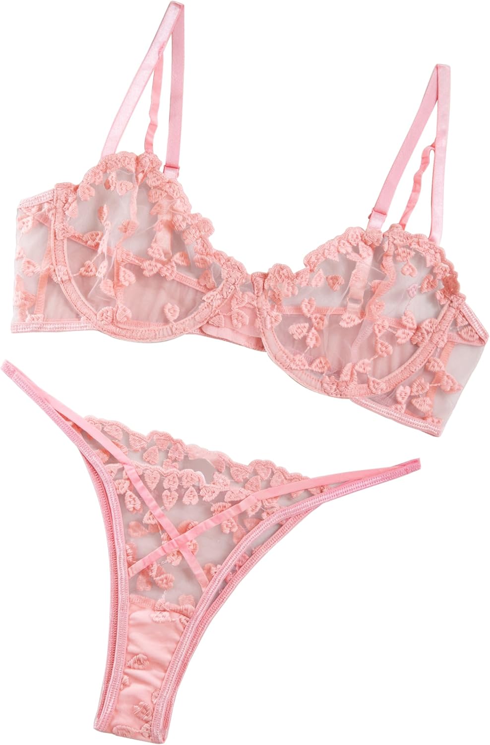 Sexy Underwire Cute Push Up Strappy Embroidered Mesh Sheer Lingerie Set See Through Panty Bra