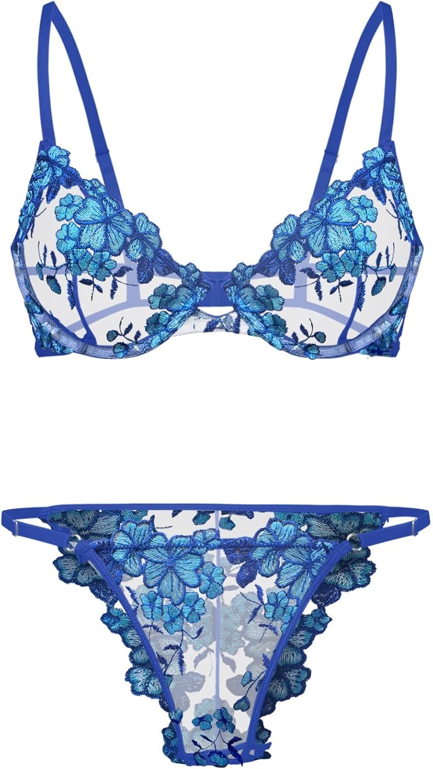 Sexy Floral Embroidered Mesh Sheer Underwire Lingerie Set