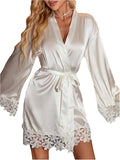 Women's Floral Lace Satin Bathrobe Wrap V Neck Bell Long Sleeve Bridal Nightgowns
