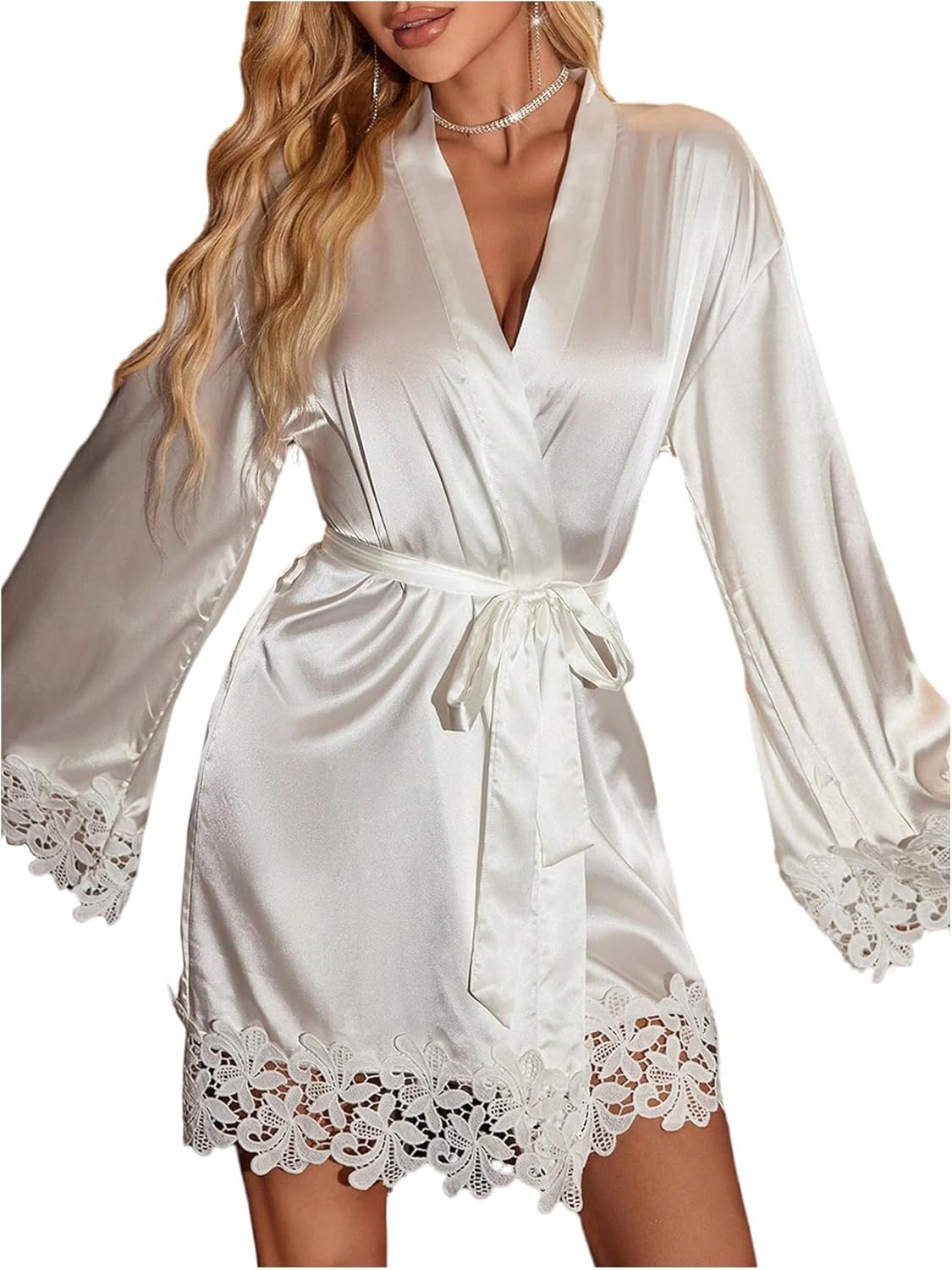 Women's Floral Lace Satin Bathrobe Wrap V Neck Bell Long Sleeve Bridal Nightgowns