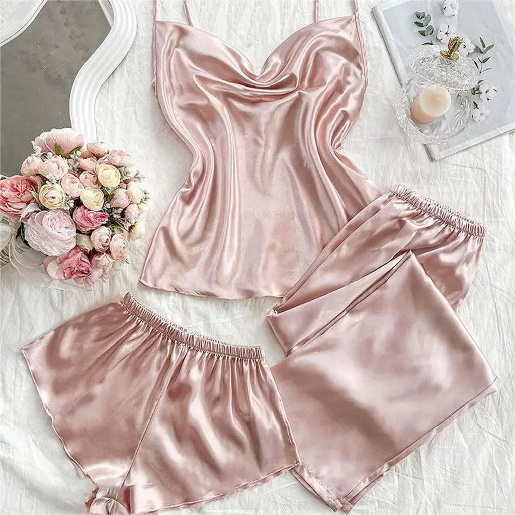 Women's Solid Color Suspenders 3-Piece Pajamas Set Casual Daily Loose Home Clothes Pajamas