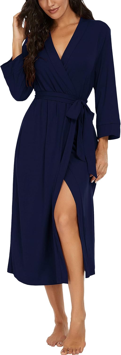 Women Kimono Robes Long Knit Bathrobe Lightweight Soft Knit Sleepwear V-neck Casual Ladies Loungewear