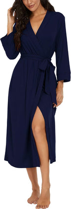 Women Kimono Robes Long Knit Bathrobe Lightweight Soft Knit Sleepwear V-neck Casual Ladies Loungewear
