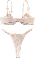 Sexy Underwire Cute Push Up Strappy Embroidered Mesh Sheer Lingerie Set See Through Panty Bra