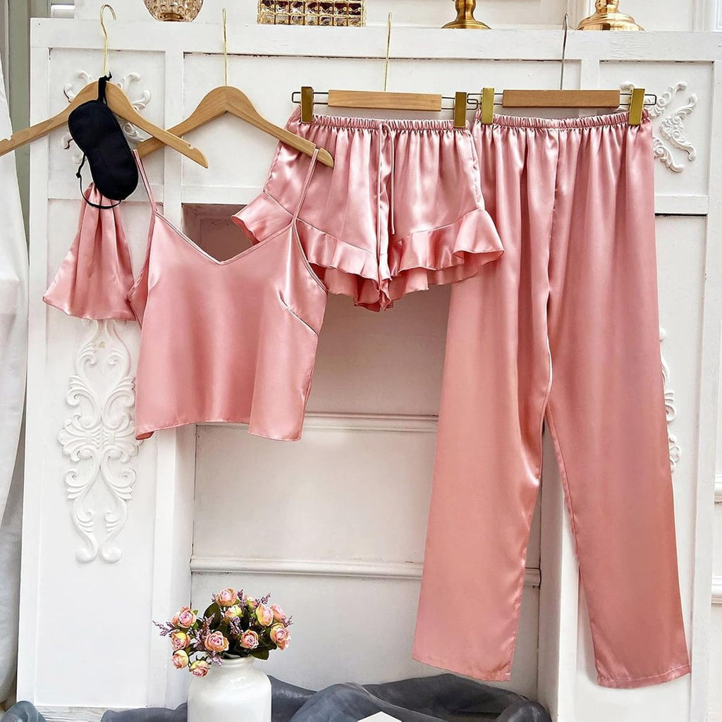 4-Piece Set Satin Pajamas Solid Color Suspender Trousers Shorts Sleepwear Light Comfortable Loungewear for Women