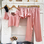 4-Piece Set Satin Pajamas Solid Color Suspender Trousers Shorts Sleepwear Light Comfortable Loungewear for Women